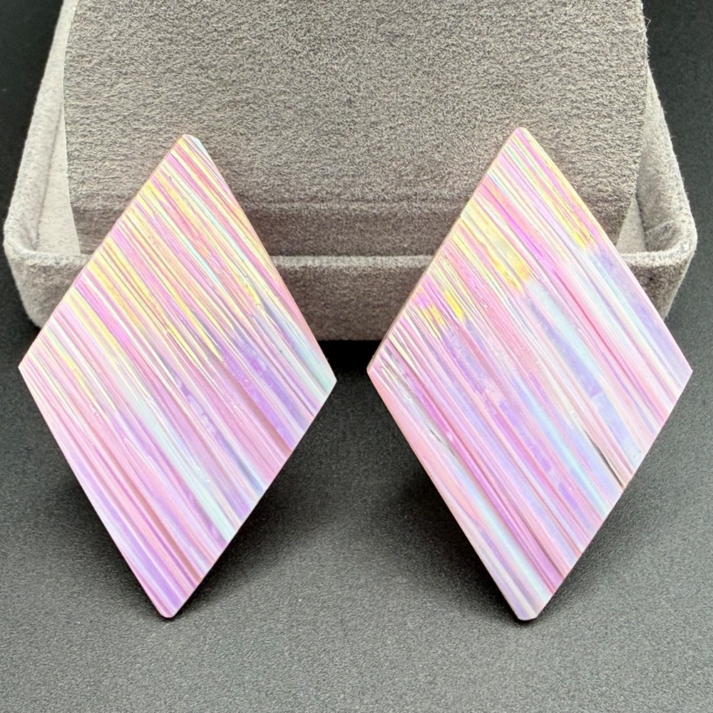 Vintage Iridescent Dichroic Art Glass Pierced Earrings Bold Textured Statement